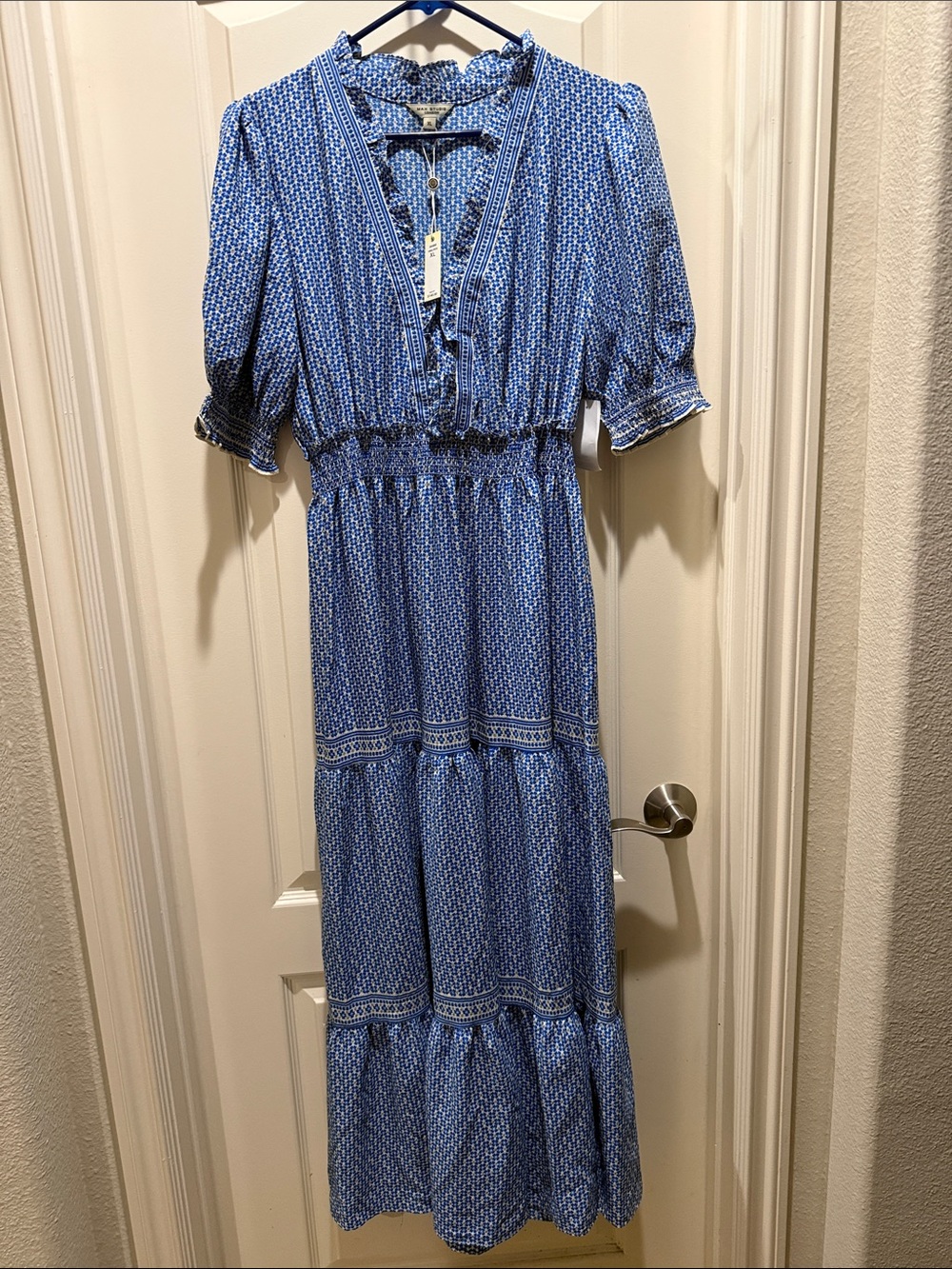 Max Studio Blue Geometric Smocked-Waist Tiered Maxi Dress NWT XL
